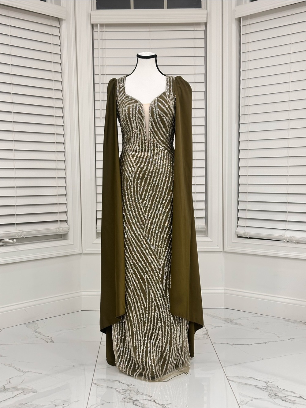 Olive Green Beaded Cape Evening Gown